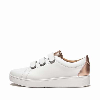 Buty Sportowe Fitflop RALLY Metallic-Back Leather Strap Damskie Białe Różowe Złote | Polska-59873