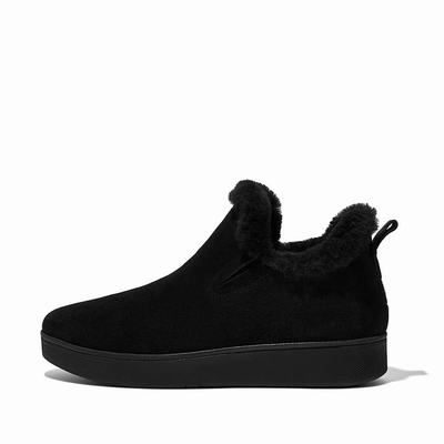 Buty Sportowe Fitflop RALLY Shearling-Lined Suede Slip-On Damskie Czarne | Polska-75981