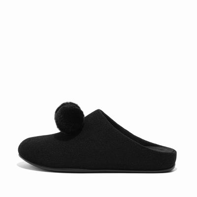 Kapcie Fitflop CHRISSIE Pom-Pom Felt Damskie Czarne | Polska-49087