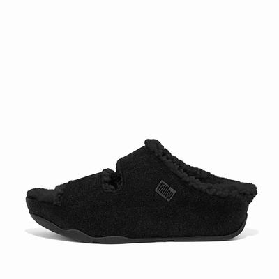 Kapcie Fitflop SHUV Two-Bar Shearling Suede Slides Damskie Czarne | Polska-05634