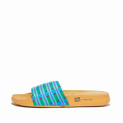 Klapki Fitflop IQUSHION X Yinka Ilori Wody-Resistant Slides Damskie Niebieskie Zielone | Polska-03946