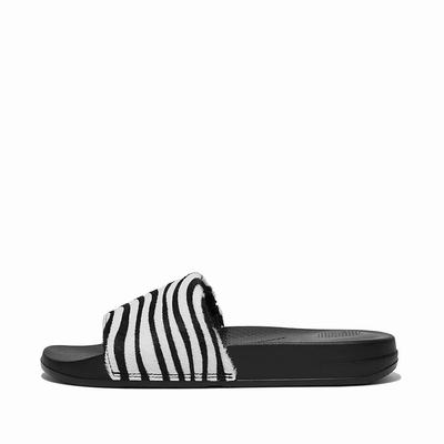 Klapki Fitflop IQUSHION Zebra Print Leather Slides Damskie Czarne Białe | Polska-38450