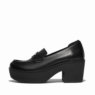 Loafersy Fitflop PILAR Leather Platform Damskie Czarne | Polska-90732