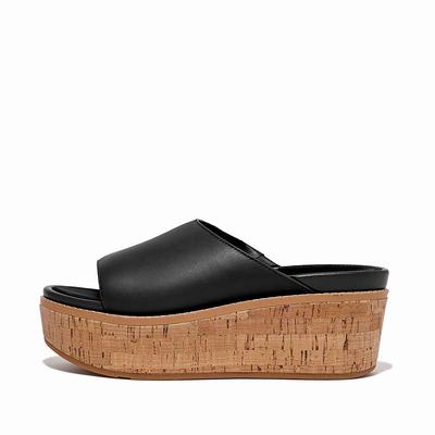 Sandały Fitflop ELOISE Cork-Wrap Leather Wedge Slides Damskie Czarne | Polska-65087