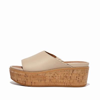 Sandały Fitflop ELOISE Cork-Wrap Leather Wedge Slides Damskie Szare Beżowe | Polska-68305