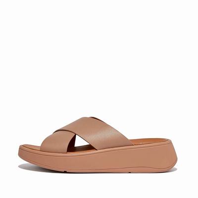 Sandały Fitflop F-MODE Leather Flatform Cross Slides Damskie Beżowe | Polska-09357