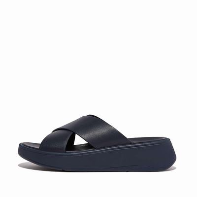 Sandały Fitflop F-MODE Leather Flatform Cross Slides Damskie Granatowe | Polska-96428