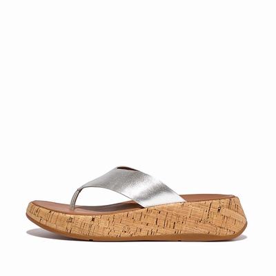 Sandały Fitflop F-MODE Metallic Leather/Cork Flatform Toe-Post Damskie Srebrne | Polska-05378