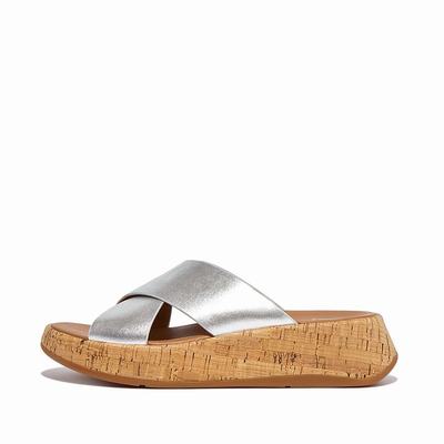 Sandały Fitflop F-MODE Metallic Leather/Cork Flatform Cross Slides Damskie Srebrne | Polska-13946