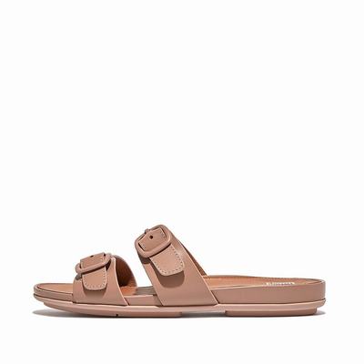 Sandały Fitflop GRACIE Buckle Two-Bar Leather Slides Damskie Beżowe | Polska-42619