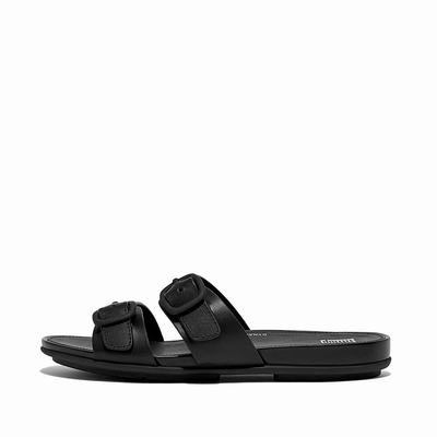 Sandały Fitflop GRACIE Buckle Two-Bar Leather Slides Damskie Czarne | Polska-79532