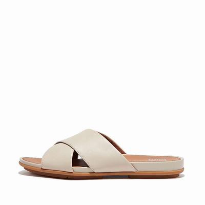 Sandały Fitflop GRACIE Leather Cross Slides Damskie Szare Beżowe | Polska-45283