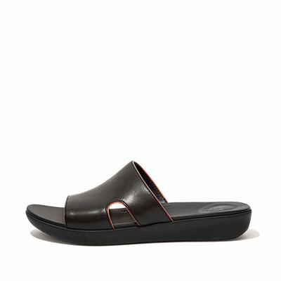 Sandały Fitflop H-Bar Pop Binding Leather Slides Damskie Czarne Różowe | Polska-48213