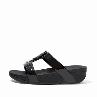 Sandały Fitflop LOTTIE Jungle Leaf Lakierowana Slides Damskie Czarne | Polska-82176