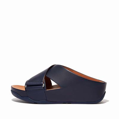 Sandały Fitflop SHUV Leather Cross Slides Damskie Granatowe | Polska-41382