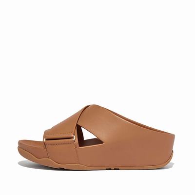 Sandały Fitflop SHUV Leather Cross Slides Damskie Brązowe | Polska-76839