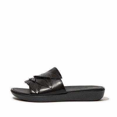 Sandały Fitflop SOLA Feather Metallic Leather Slides Damskie Czarne | Polska-79015