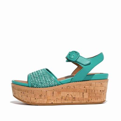 Sandały na Koturnie Fitflop ELOISE Cork-Wrap Woven Back-Strap Damskie Niebieskie Białe | Polska-31527