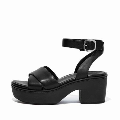 Sandały na Platformie Fitflop PILAR Leather Ankle-Strap Damskie Czarne | Polska-27381