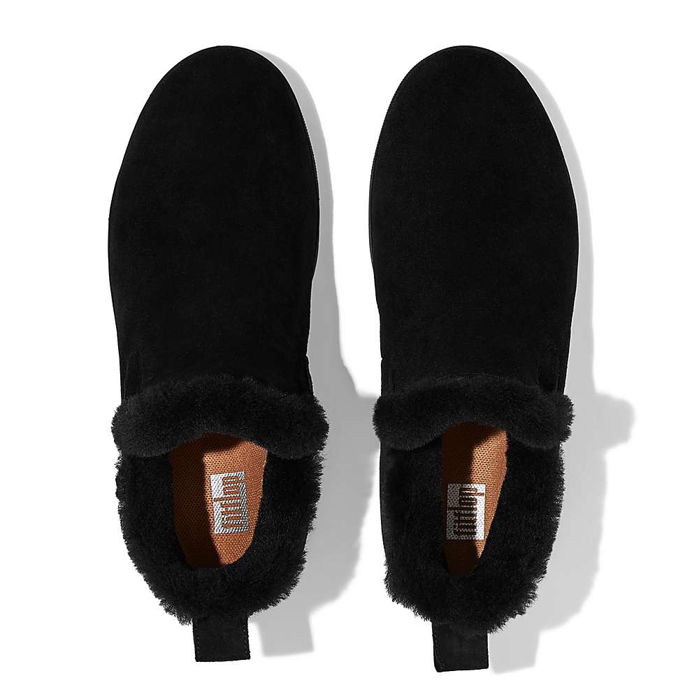 Buty Sportowe Fitflop RALLY Shearling-Lined Suede Slip-On Damskie Czarne | Polska-75981