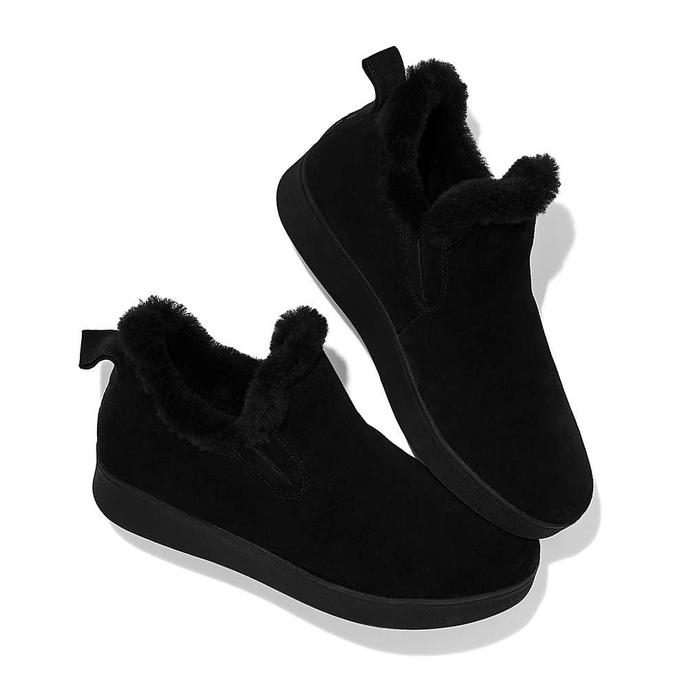 Buty Sportowe Fitflop RALLY Shearling-Lined Suede Slip-On Damskie Czarne | Polska-75981