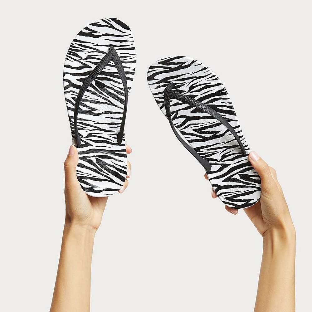 Japonki Fitflop IQUSHION Zebra Print Ergonomic Damskie Czarne Białe | Polska-47983