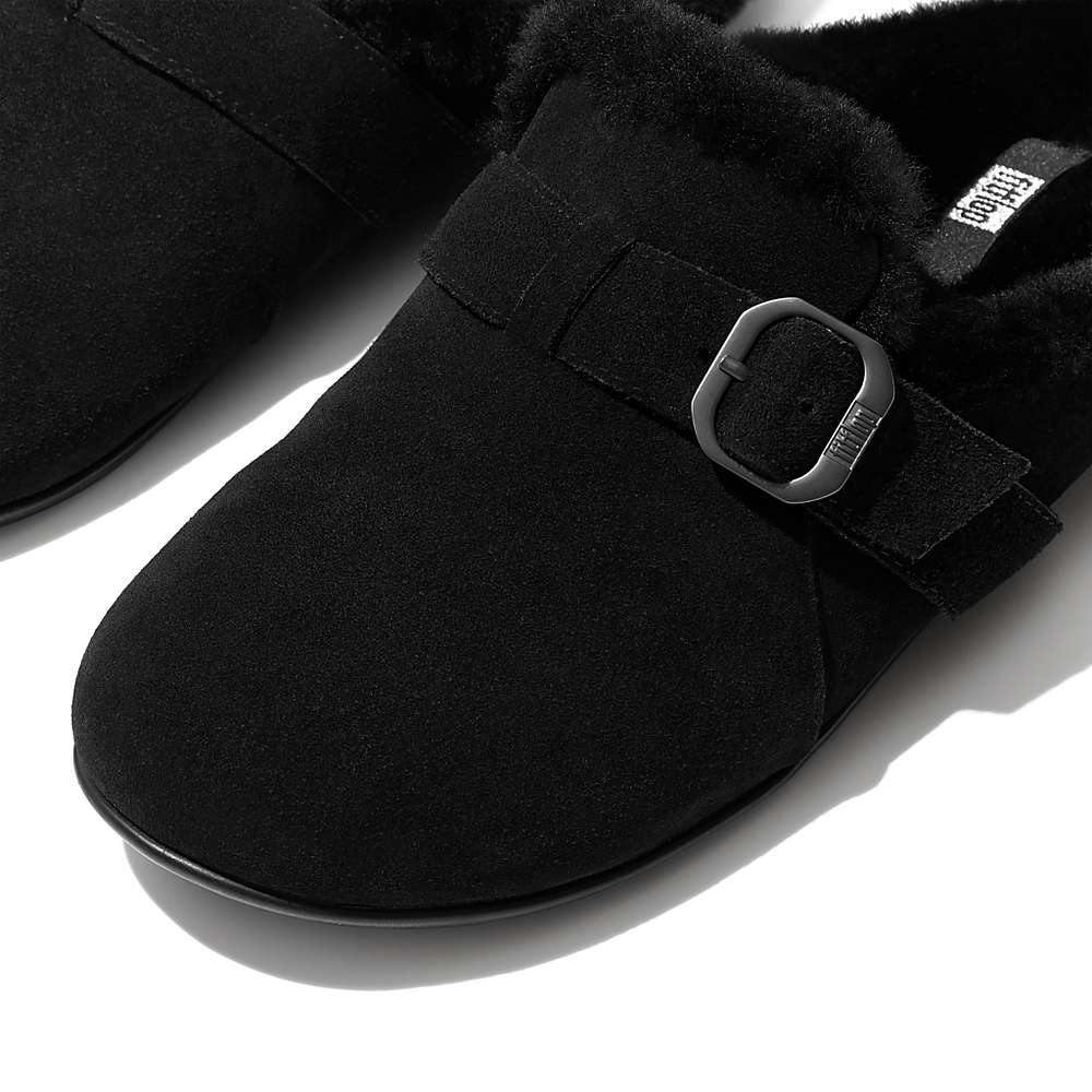 Kapcie Fitflop CHRISSIE Buckle Shearling-Lined Suede Damskie Czarne | Polska-15302