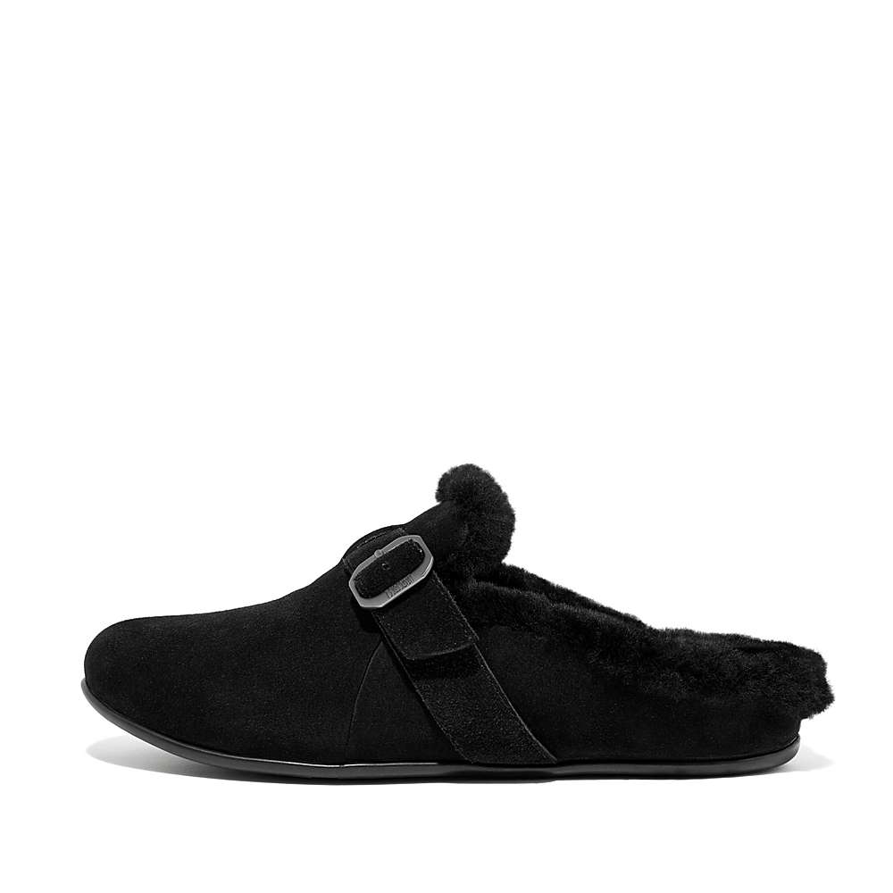 Kapcie Fitflop CHRISSIE Buckle Shearling-Lined Suede Damskie Czarne | Polska-15302