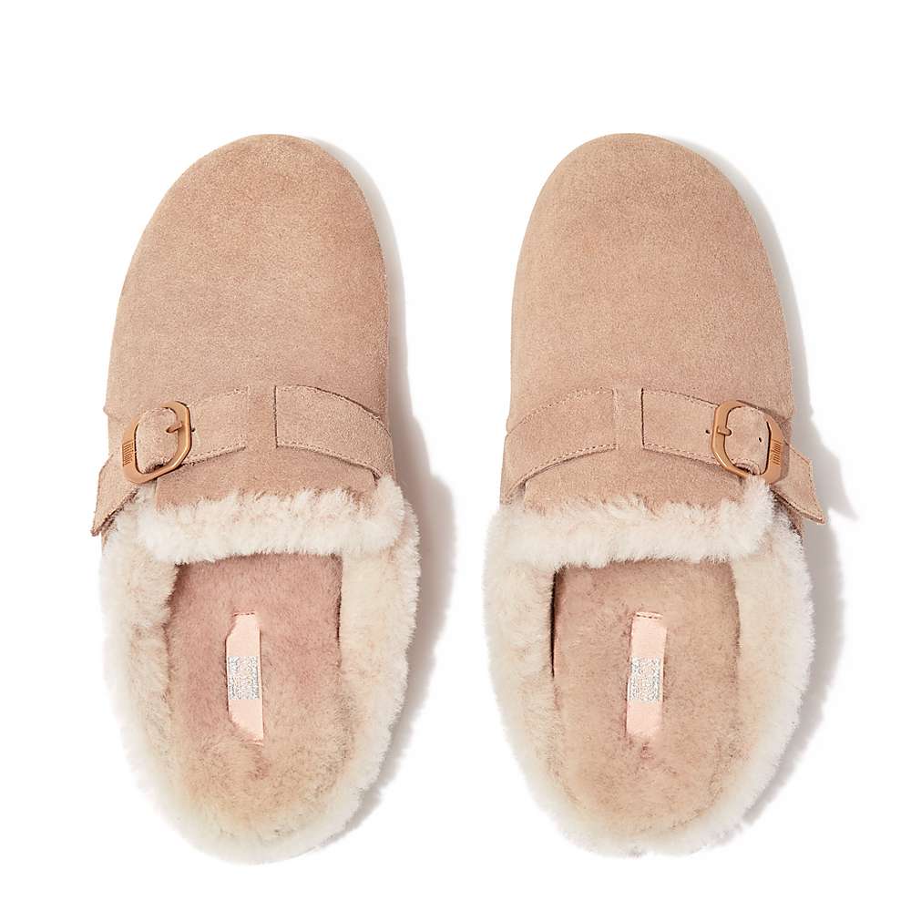 Kapcie Fitflop CHRISSIE Buckle Shearling-Lined Suede Damskie Beżowe | Polska-58430