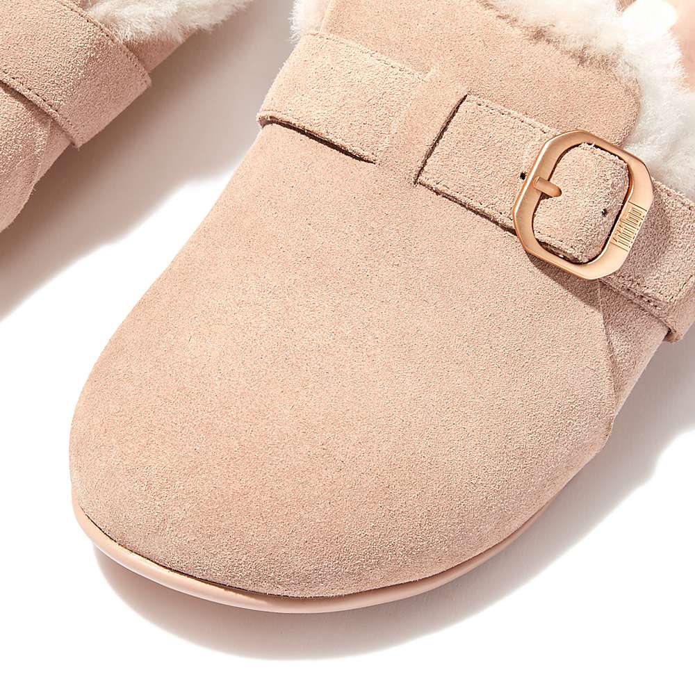 Kapcie Fitflop CHRISSIE Buckle Shearling-Lined Suede Damskie Beżowe | Polska-58430