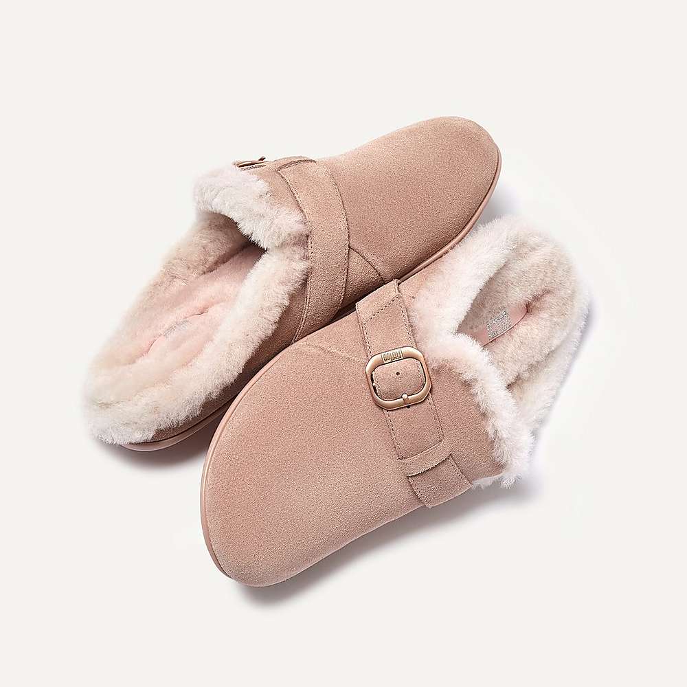 Kapcie Fitflop CHRISSIE Buckle Shearling-Lined Suede Damskie Beżowe | Polska-58430