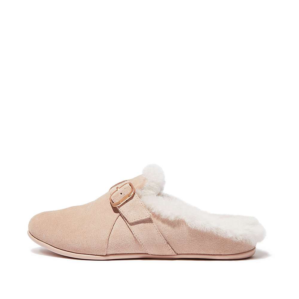 Kapcie Fitflop CHRISSIE Buckle Shearling-Lined Suede Damskie Beżowe | Polska-58430