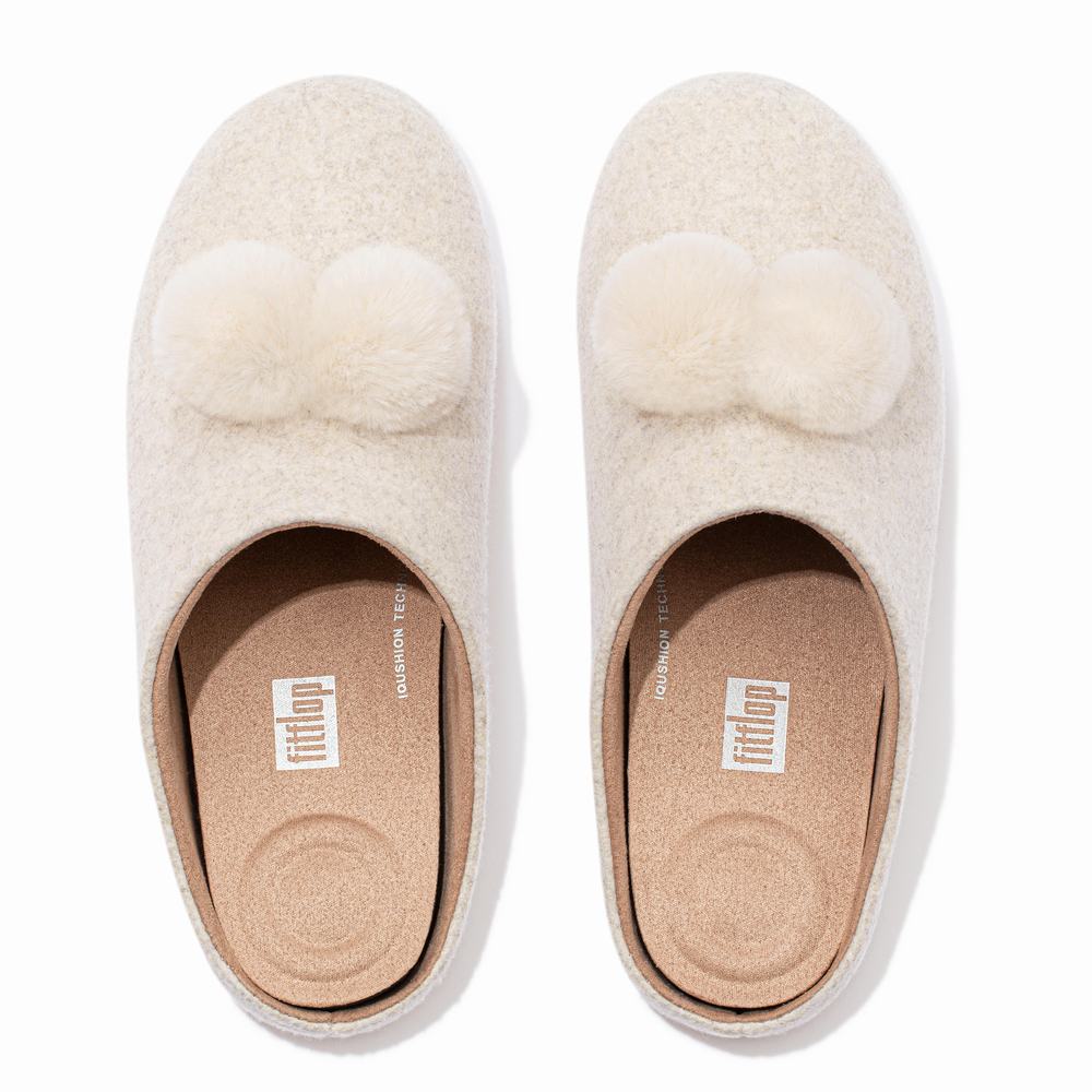 Kapcie Fitflop CHRISSIE Pom-Pom Felt Damskie Białe | Polska-40867