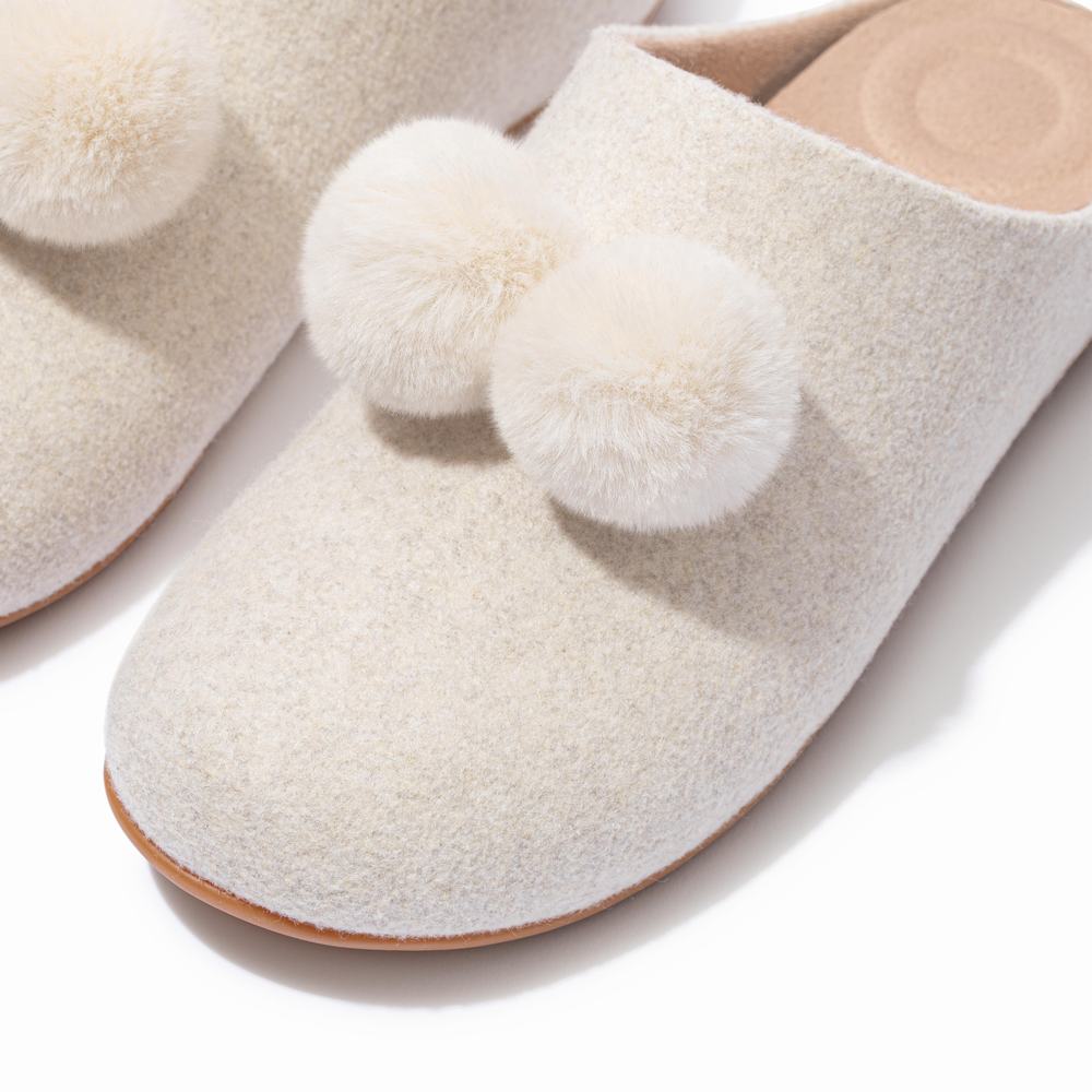 Kapcie Fitflop CHRISSIE Pom-Pom Felt Damskie Białe | Polska-40867