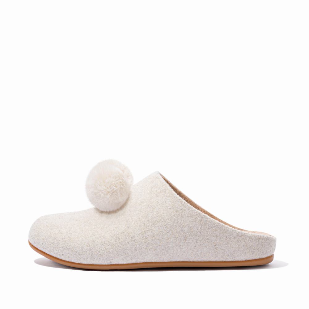 Kapcie Fitflop CHRISSIE Pom-Pom Felt Damskie Białe | Polska-40867