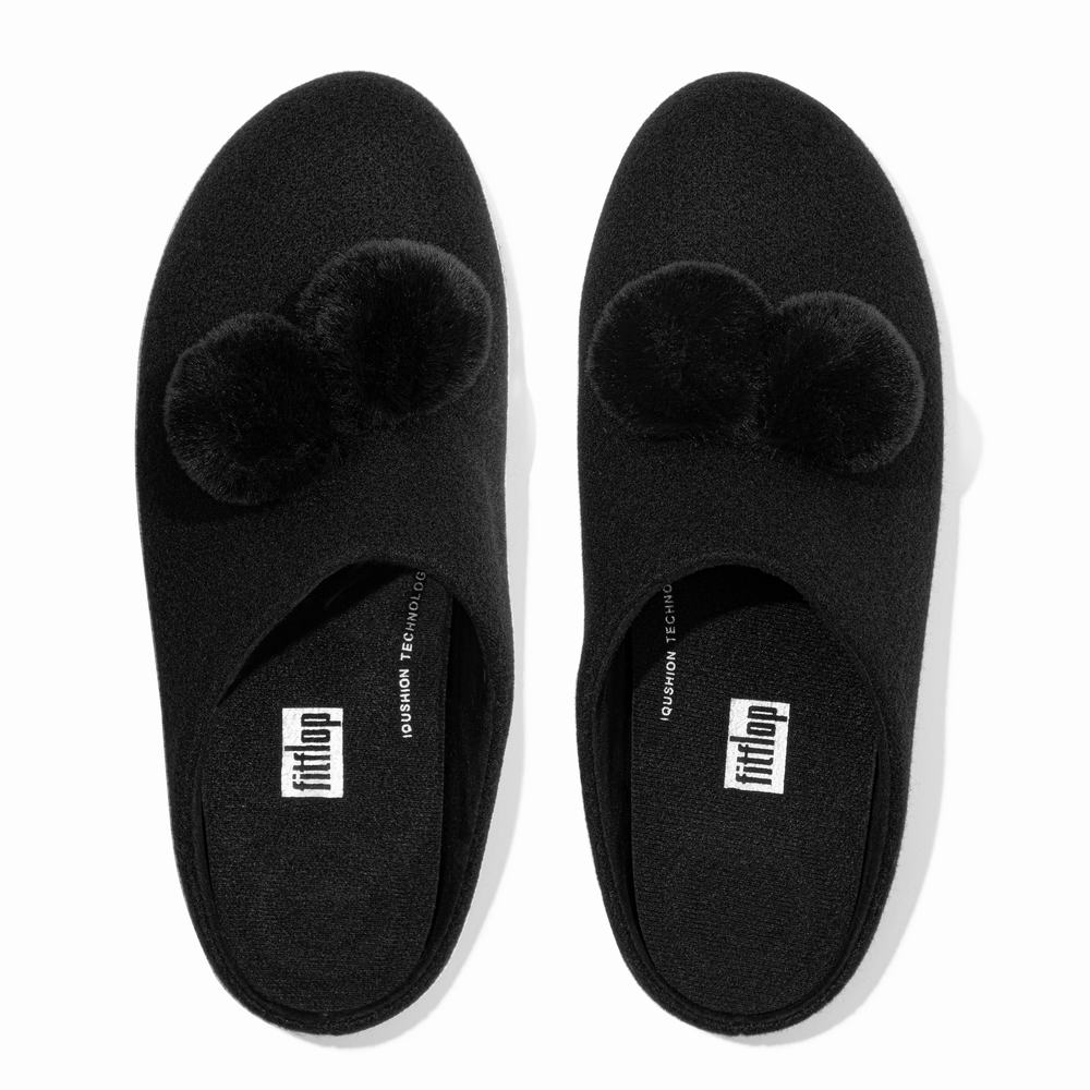 Kapcie Fitflop CHRISSIE Pom-Pom Felt Damskie Czarne | Polska-49087