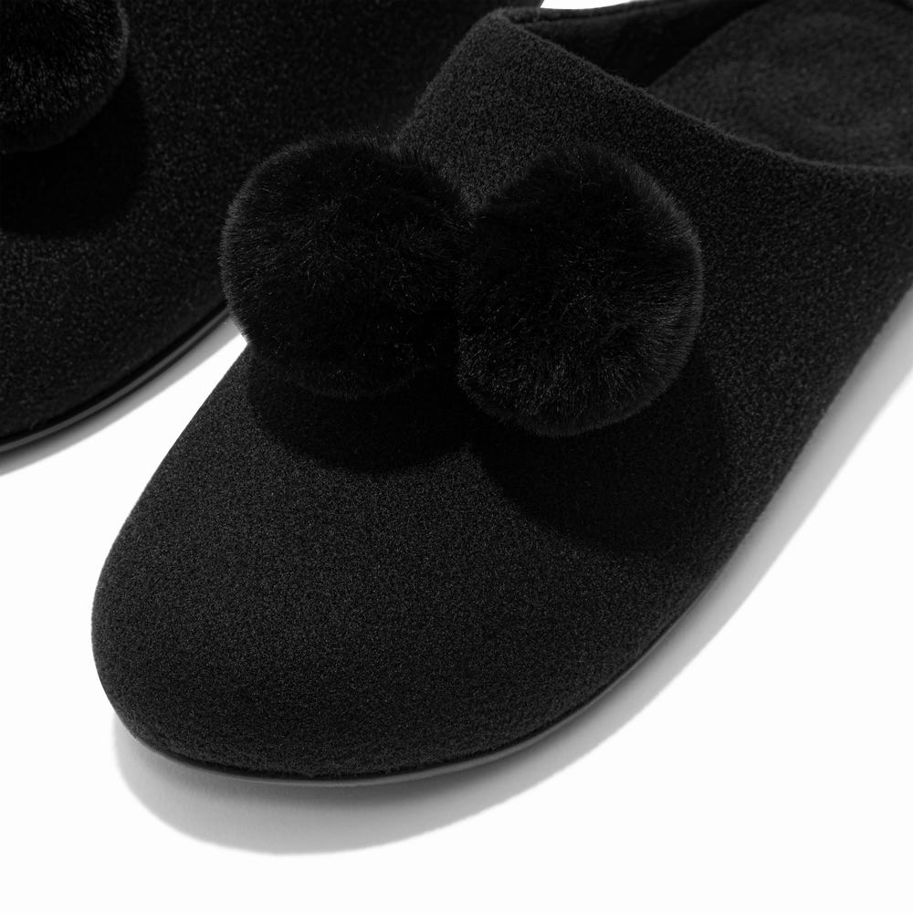 Kapcie Fitflop CHRISSIE Pom-Pom Felt Damskie Czarne | Polska-49087