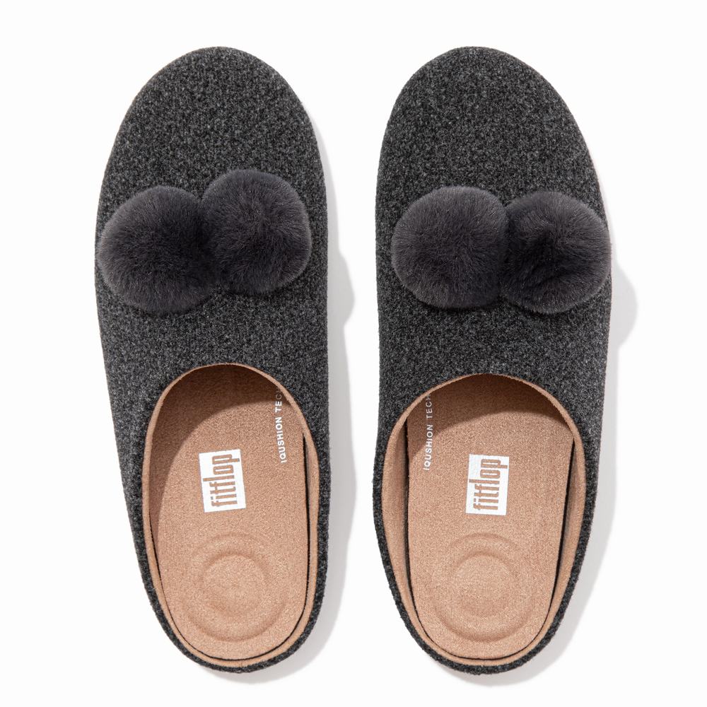 Kapcie Fitflop CHRISSIE Pom-Pom Felt Damskie Szare | Polska-84012