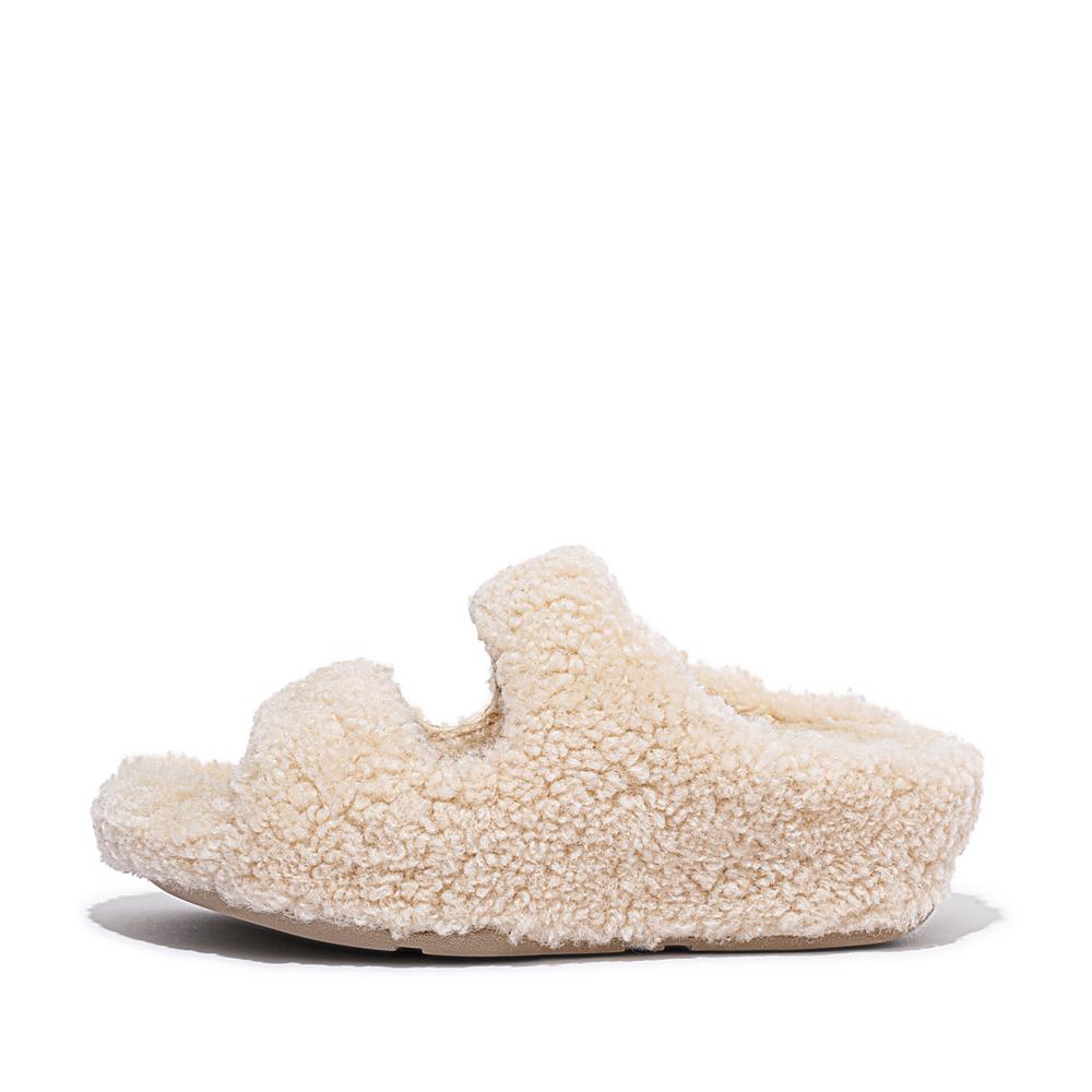 Kapcie Fitflop SHUV Two-Bar Shearling Slides Damskie Białe | Polska-34950