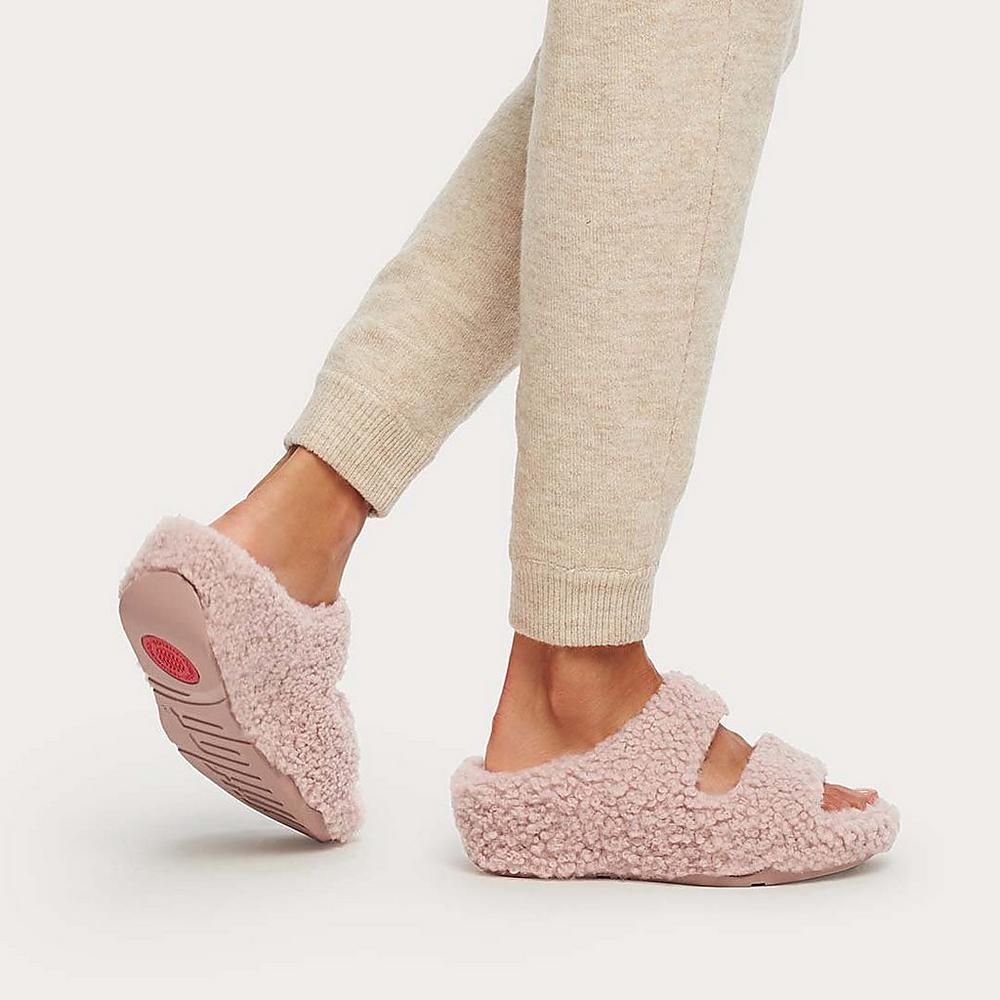 Kapcie Fitflop SHUV Two-Bar Shearling Slides Damskie Różowe | Polska-97204