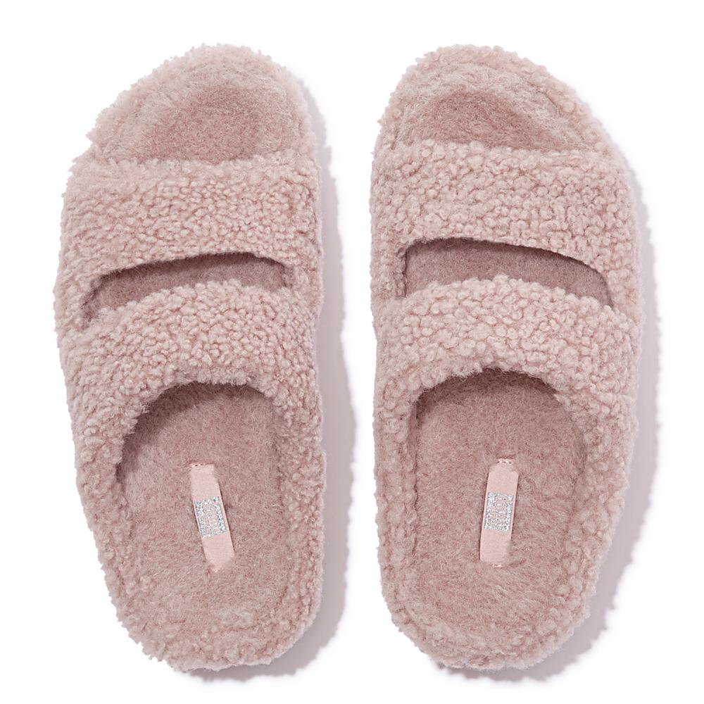 Kapcie Fitflop SHUV Two-Bar Shearling Slides Damskie Różowe | Polska-97204