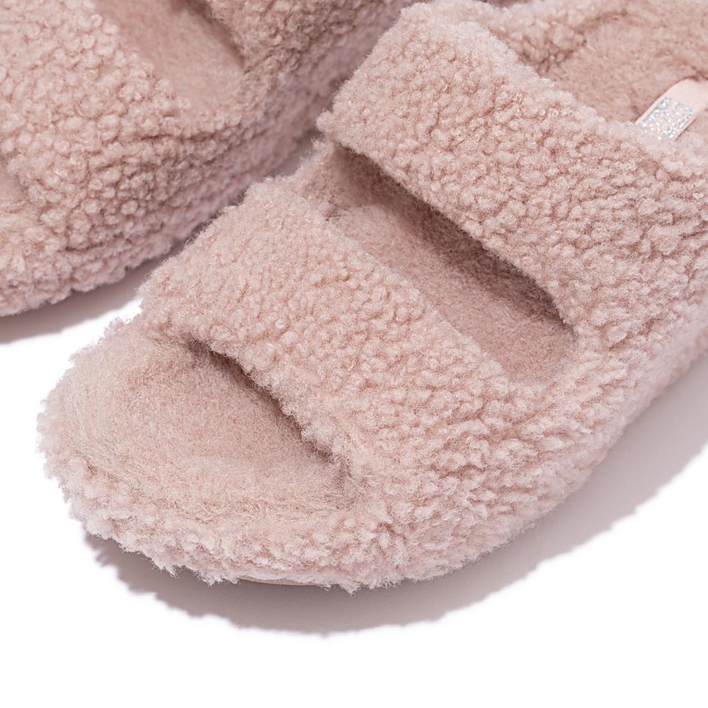 Kapcie Fitflop SHUV Two-Bar Shearling Slides Damskie Różowe | Polska-97204