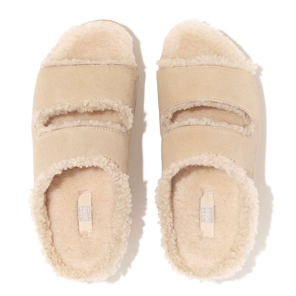 Kapcie Fitflop SHUV Two-Bar Shearling Suede Slides Damskie Kremowe | Polska-02634