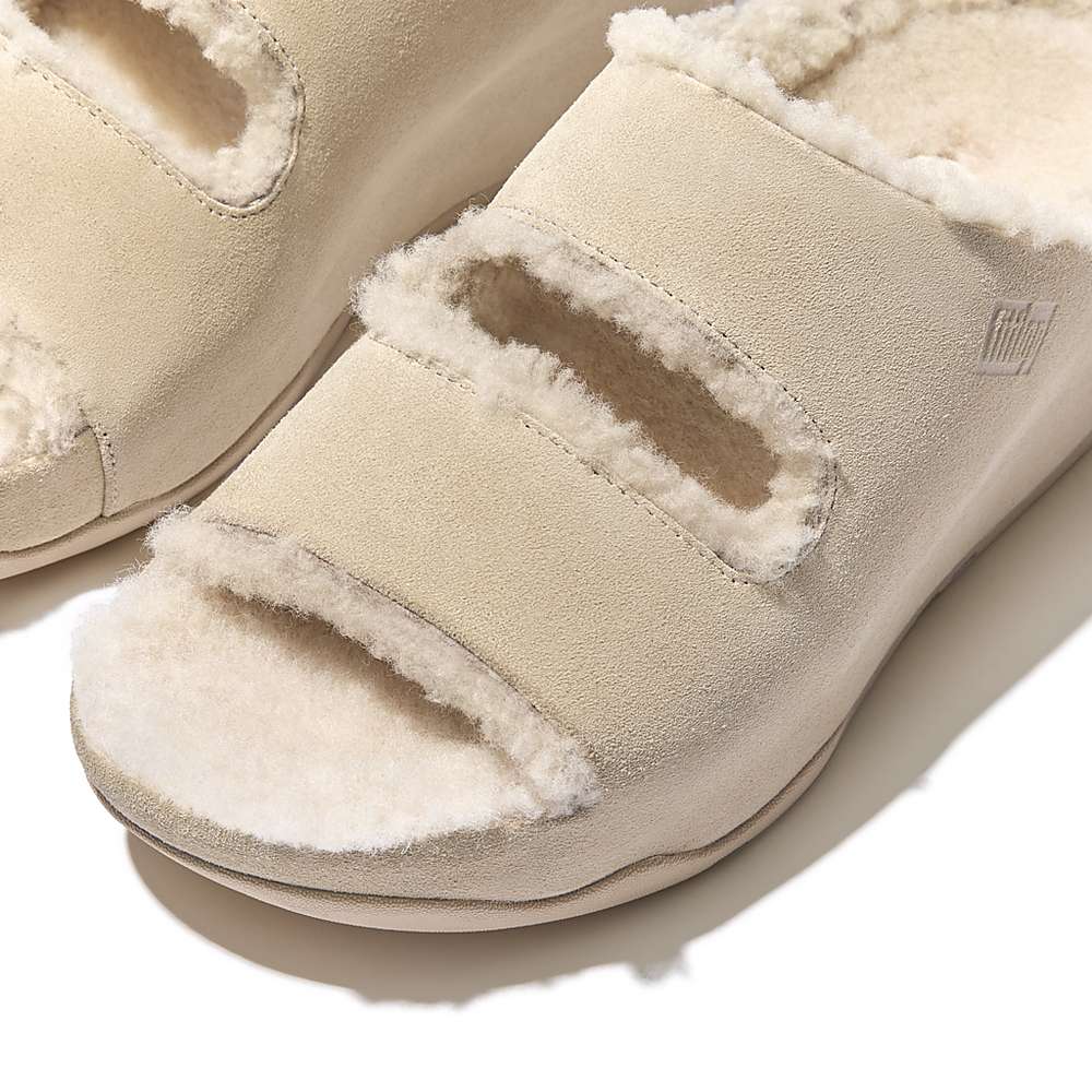 Kapcie Fitflop SHUV Two-Bar Shearling Suede Slides Damskie Kremowe | Polska-02634