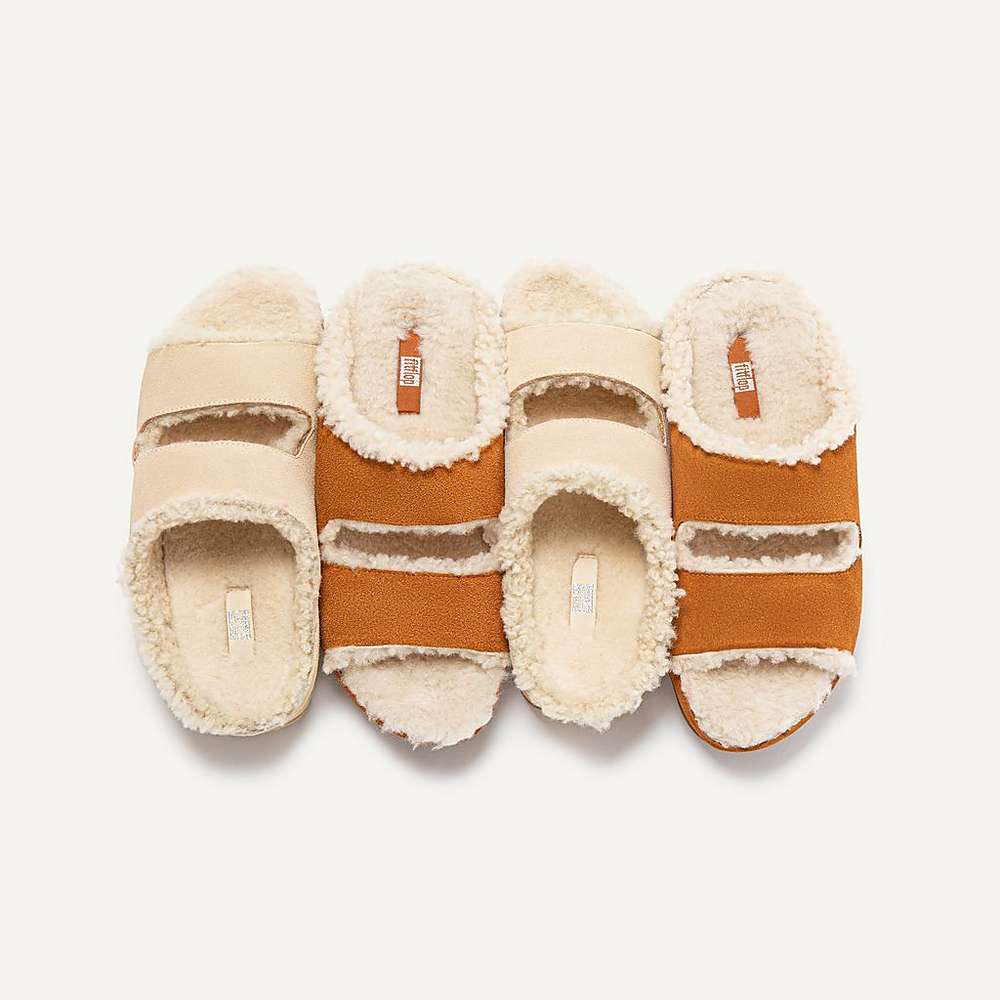 Kapcie Fitflop SHUV Two-Bar Shearling Suede Slides Damskie Kremowe | Polska-02634