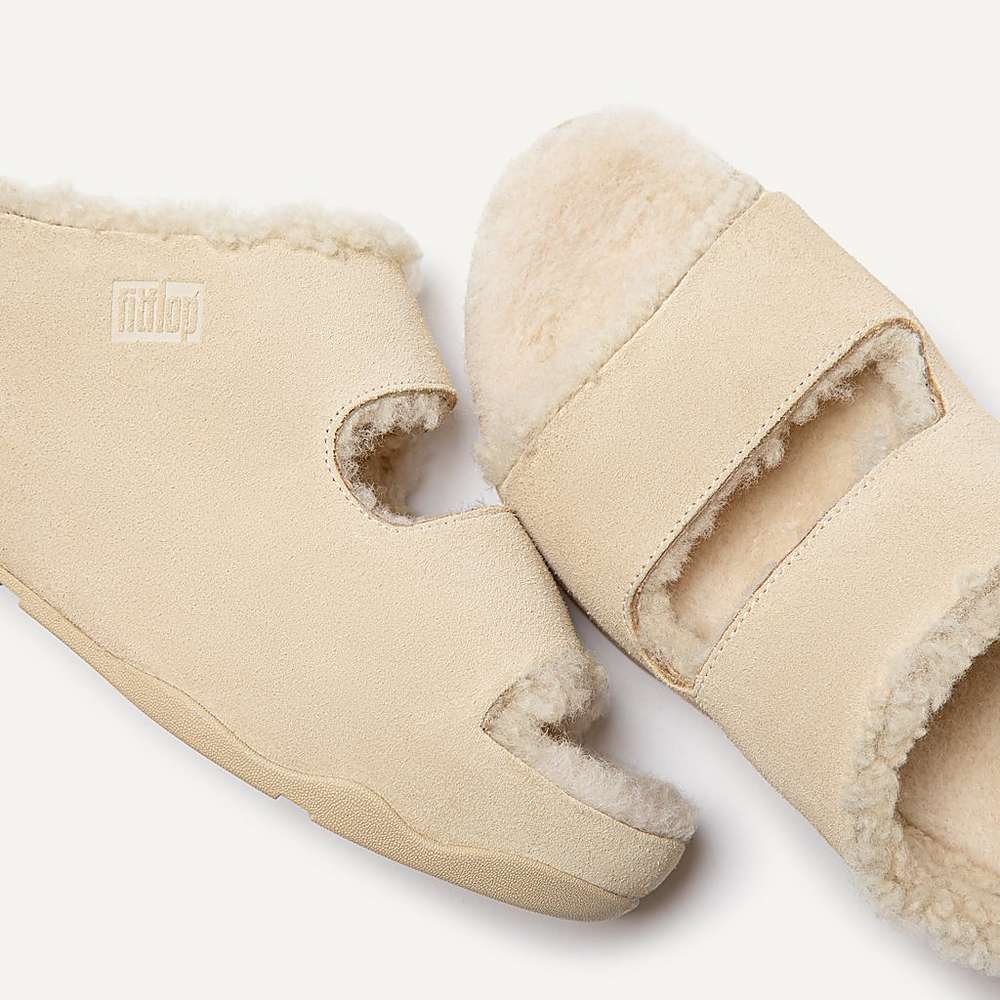 Kapcie Fitflop SHUV Two-Bar Shearling Suede Slides Damskie Kremowe | Polska-02634