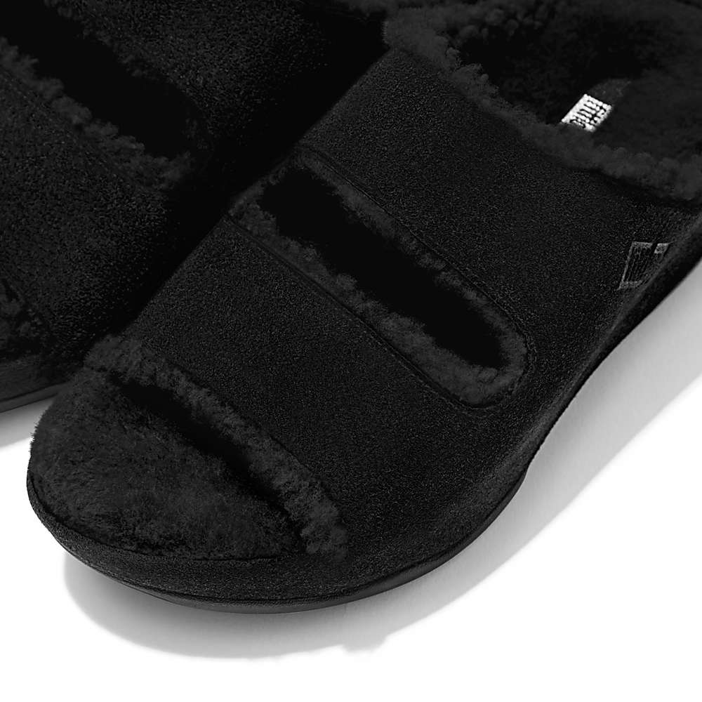 Kapcie Fitflop SHUV Two-Bar Shearling Suede Slides Damskie Czarne | Polska-05634