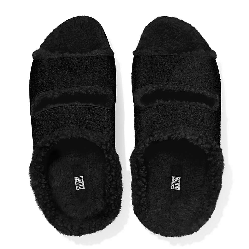 Kapcie Fitflop SHUV Two-Bar Shearling Suede Slides Damskie Czarne | Polska-05634