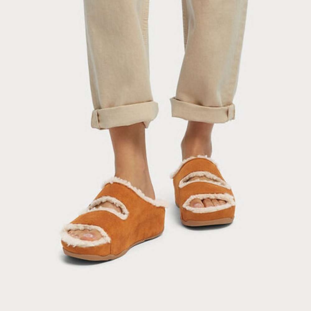 Kapcie Fitflop SHUV Two-Bar Shearling Suede Slides Damskie Głęboka Brązowe | Polska-94782