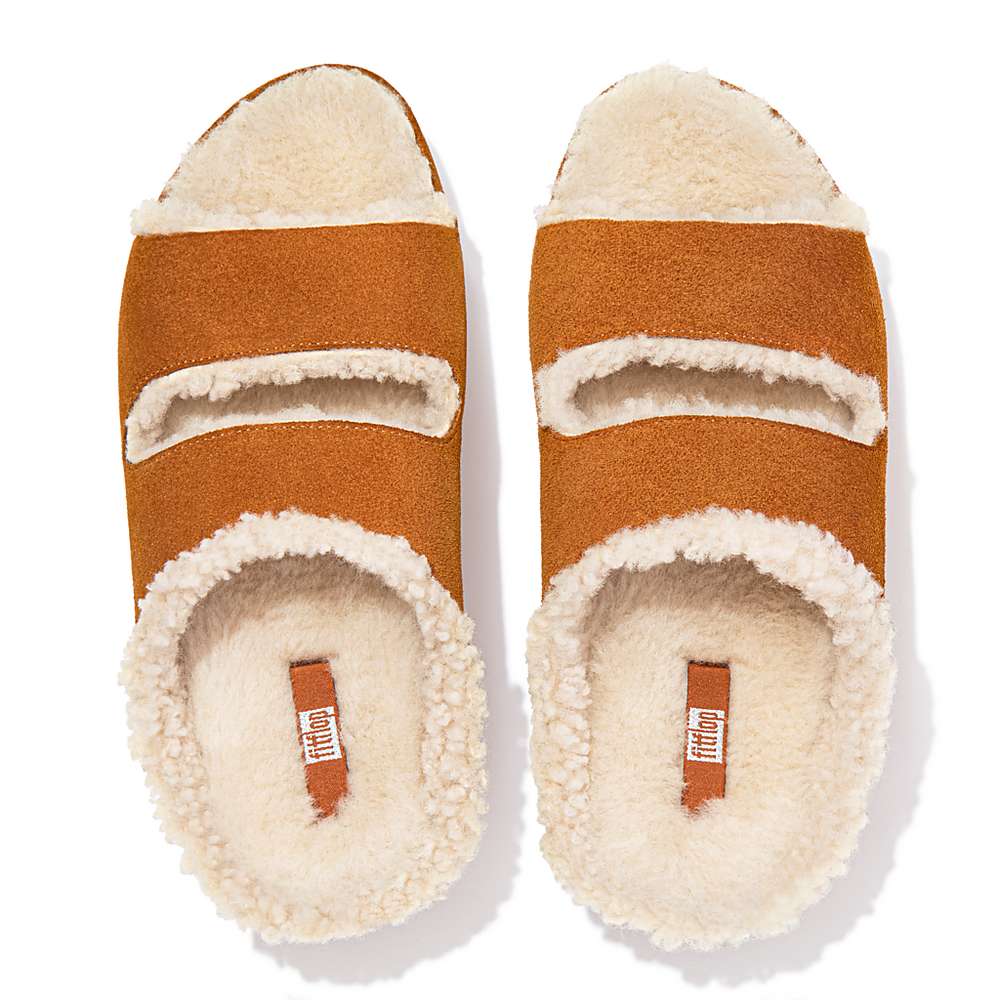 Kapcie Fitflop SHUV Two-Bar Shearling Suede Slides Damskie Głęboka Brązowe | Polska-94782